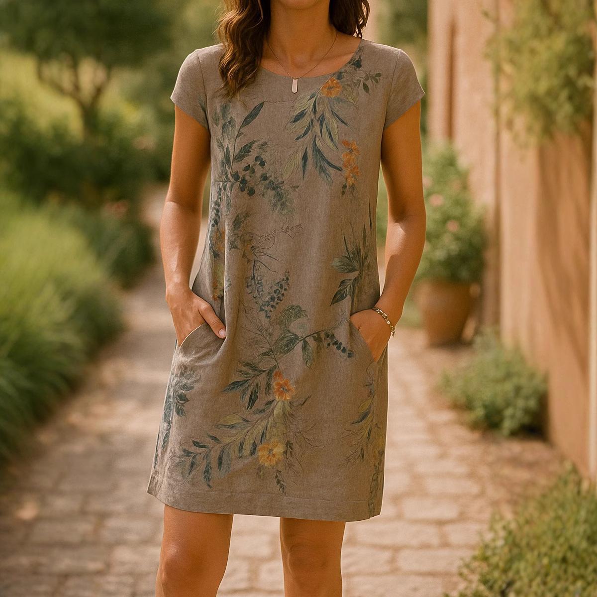 

Women s Floral Print Short Sleeve Dress with Pockets, Round Neck Casual Summer Dress S