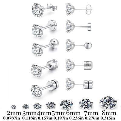 Stainless Steel 5 Style CZ Zircon Silver Color Earrings For Women Men Crystal Screw Titanium Alloy Ear Studs Round Beads Jewelry
