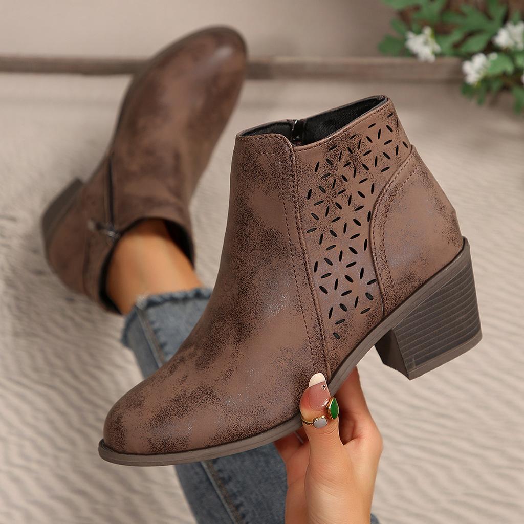 Large size boots women's autumn and winter new hollow solid color thick heel side zipper short women's Martin boots