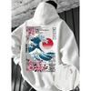Ukiyo-E Great Wave Kanagawa Hoodie Men Aesthetic Sakura Tokyo Letter Graphic Sweatshirt Oriental Vintage Daily Hooded Pullover