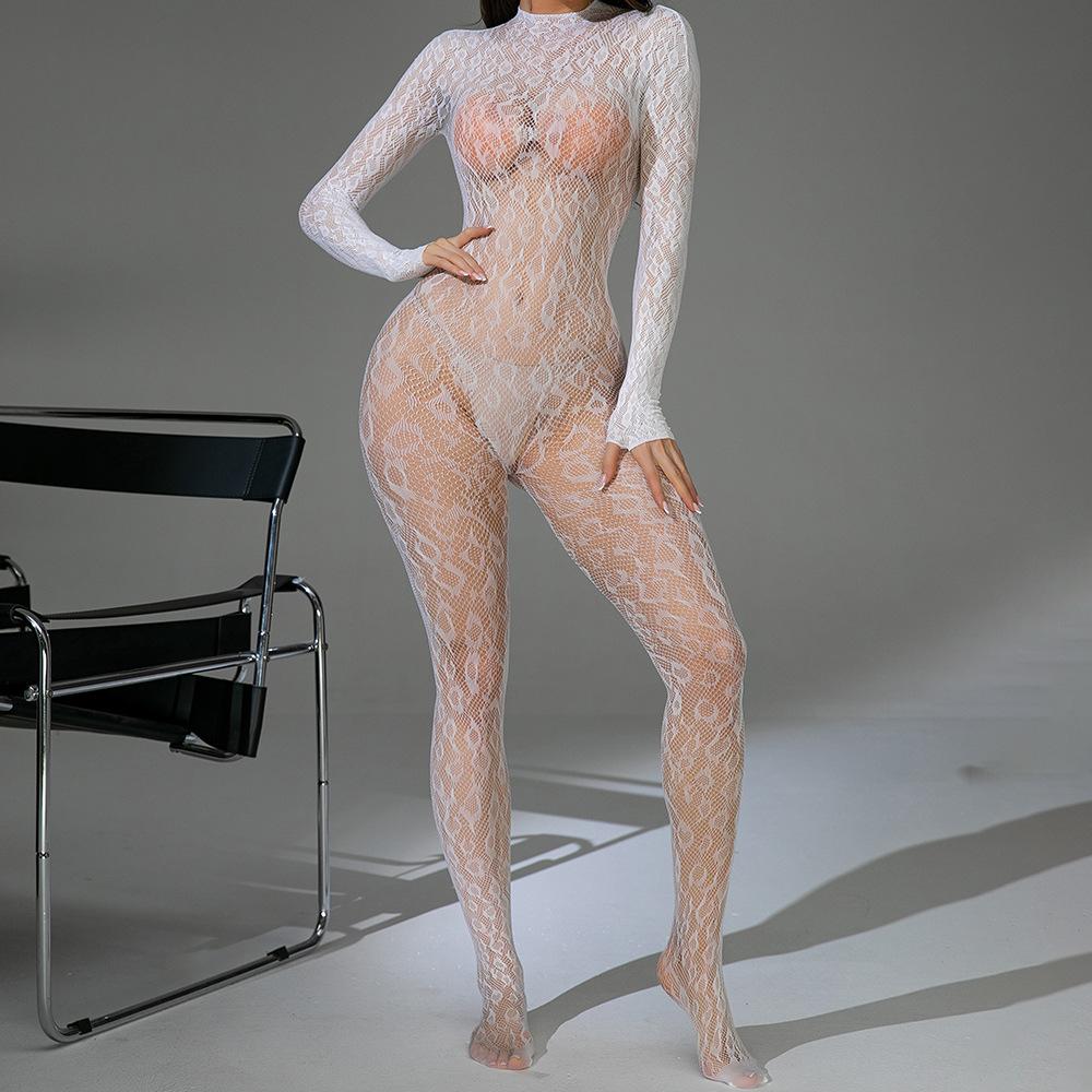 Mature European and American Women's Long Sleeved Transparent Hollow Jacquard Sexy Erotic Seductive Jumpsuit