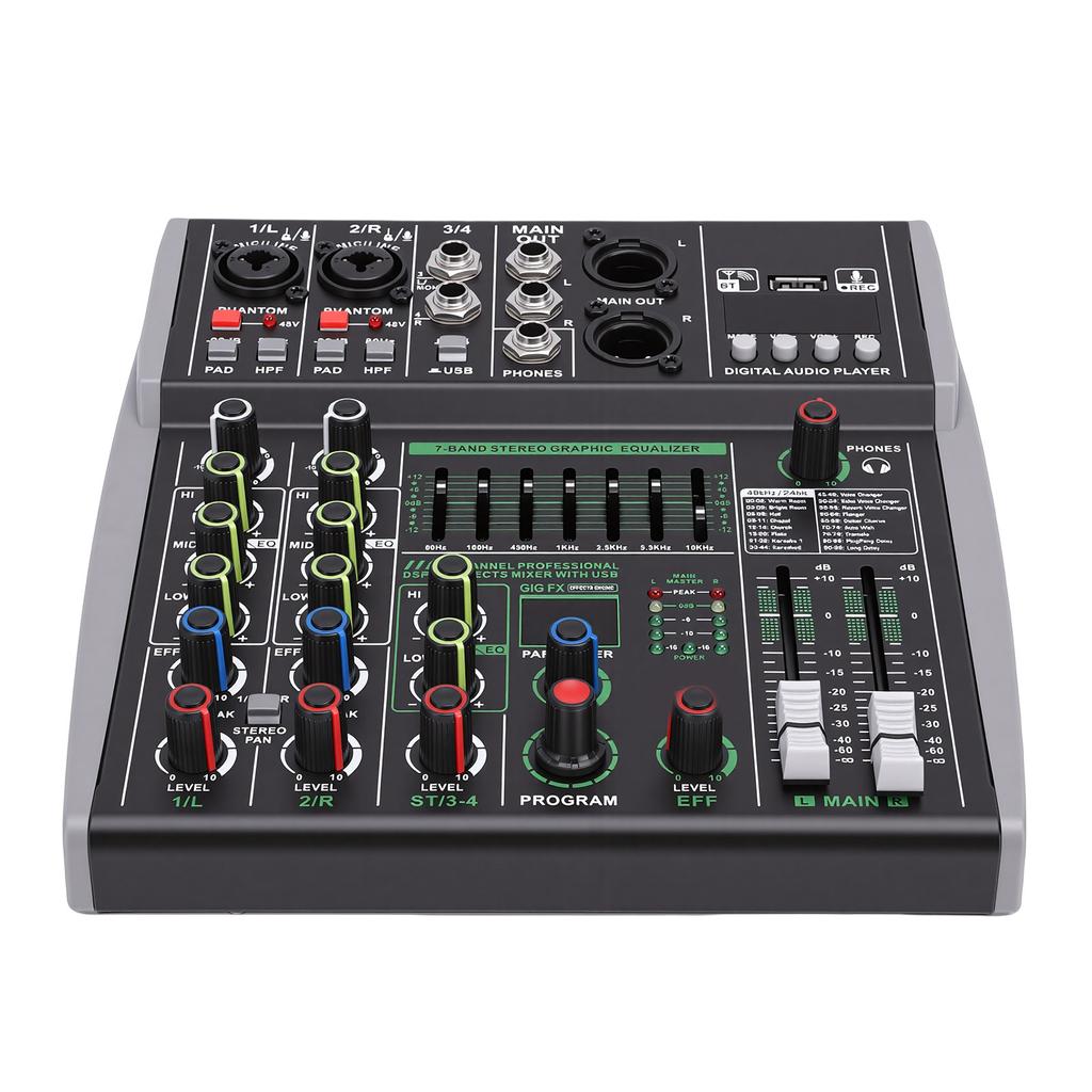 4 Channel Sound Mixer Stereo Bluetooth Mixing Console for Live Recording Karaoke 99 Bit Digital Signal Processor 7 Band