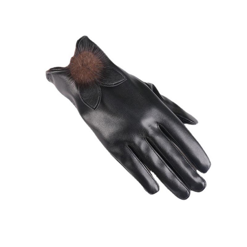 Warm Leather Gloves Mink Ball Ladies Thickened Outdoor Fleece Ladies Touch Screen Leather Touch Screen Winter Gloves