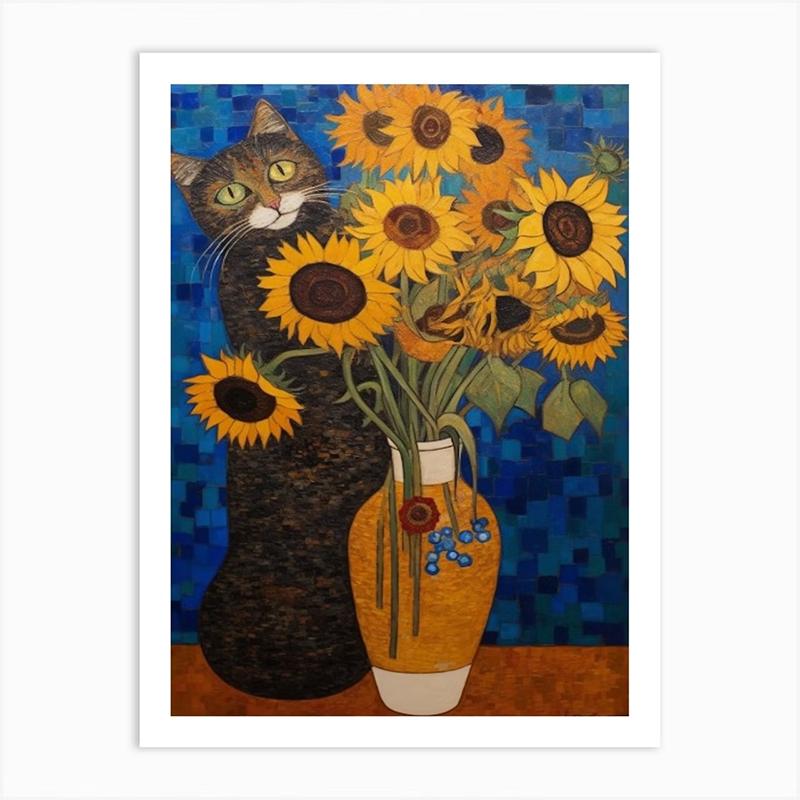 Vintage Bouquet Flower Lotus Lilies With A Cat Art Nouveau Klimt Style Art Print Poster Canvas Painting Wall Picture Room Decor