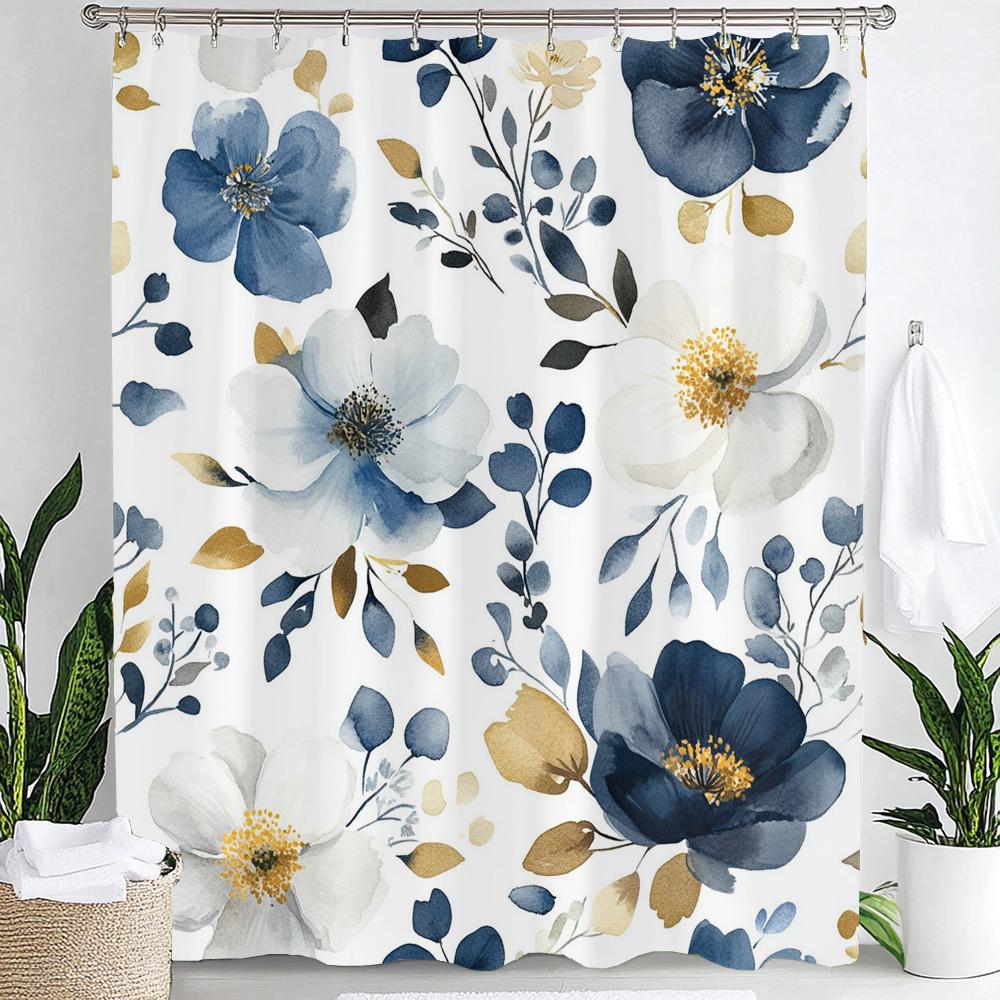 Blue Watercolor Plants Flower and Bird Print Waterproof Shower Curtain Partition Privacy Hanging Curtain with 12 Hooks Washable