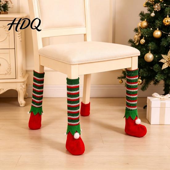 Holiday Furniture Floor Protectors 4 Pcs Christmas Table Chair Leg Covers Striped Elf Reusable Dining Decor Socks for Room Xmas Party Cute