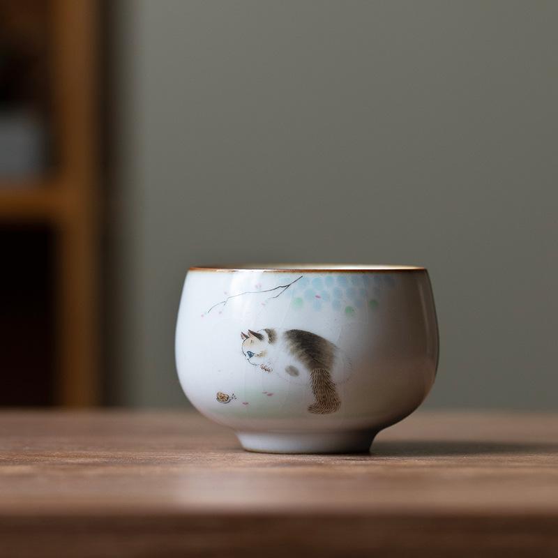 1 Pc Chinese Tradition Ru Kiln Ceramic Tea Cup Handmade Cute Cat Teacup Household Personal Tea Bowl Travel Master Cup Tea Set