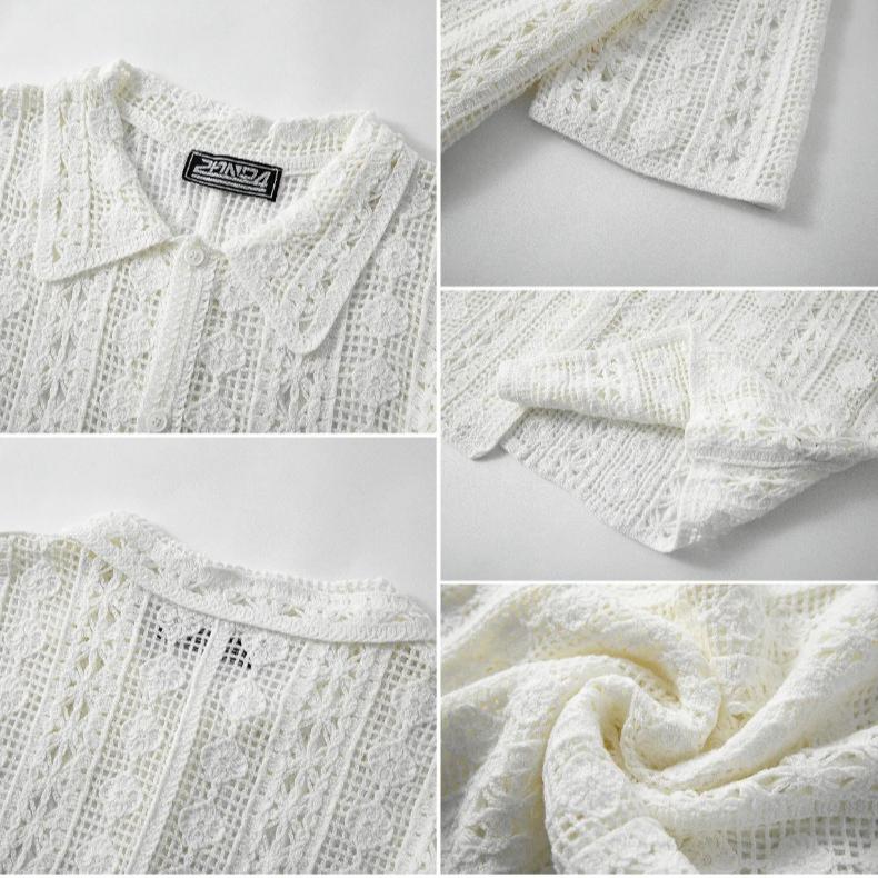 Knitted Crochet Short Sleeve Shirts for Men Casual Button Down Hollow Out Collared Shirt Tops Men's Summer Vacation Vintage Knit Golf Beach Shirts Top