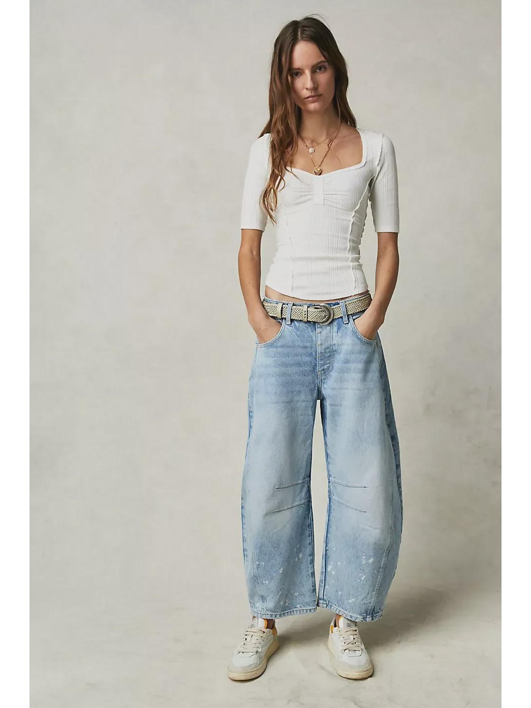 

Новая европейско-американская мода: Женские свободные брюки с заниженной талией из выстиранного денима с широкими штанинами