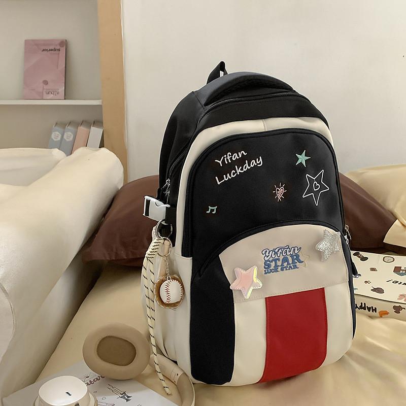 Blocked Letters Color Star Embroidery Pattern Student Backpack With Pendant