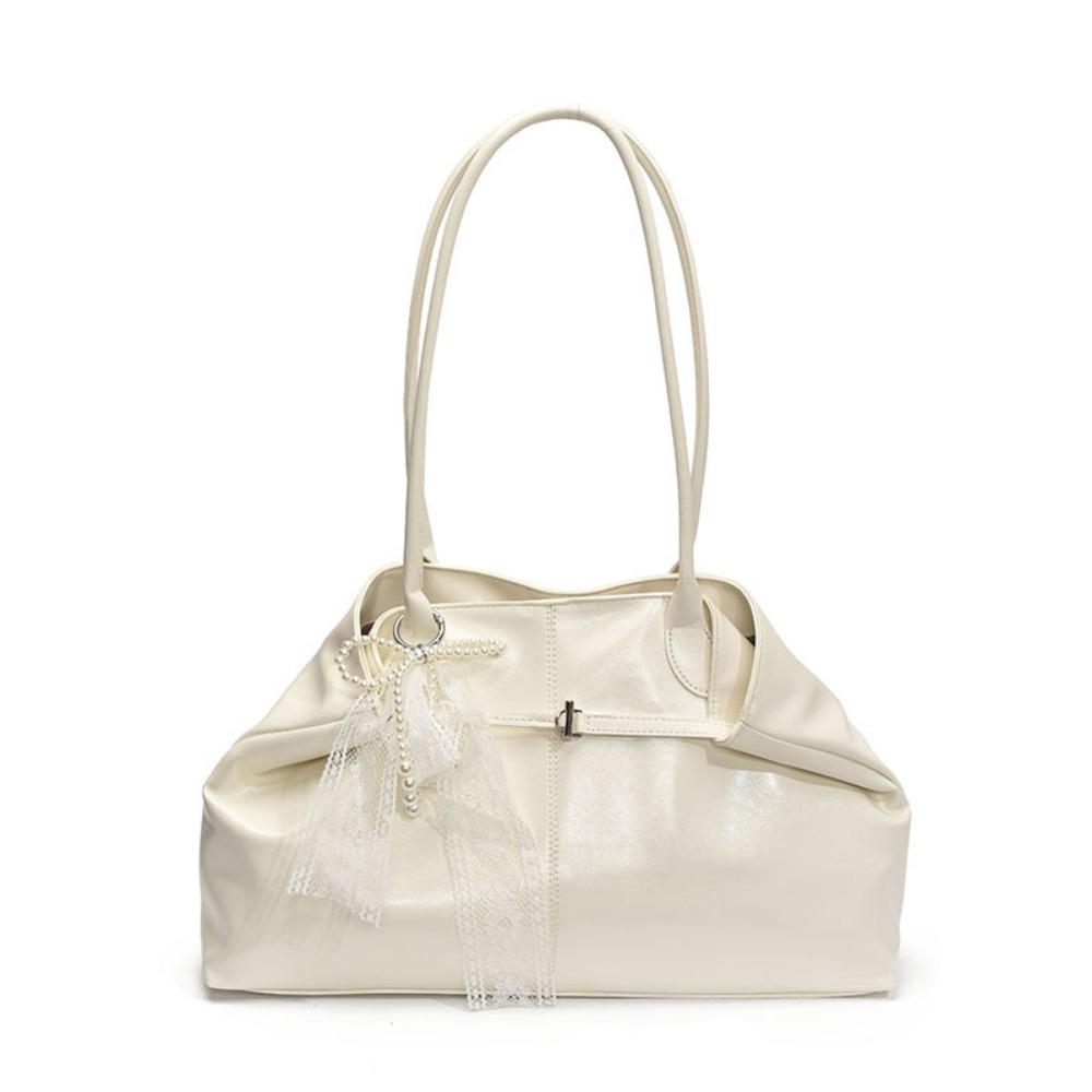 

PU Leather Shoulder Bag Tote Bag with Bow Lace Pendant Versatile Armpit Bag Solid Color Large Capacity Underarm Bag Travel белый