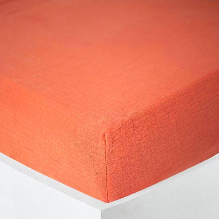 Drap housse "Noah" toutes dimensions "Gaze de Coton" - Noah Terracotta - 90 x 190 cm bonnet de 30 cm
