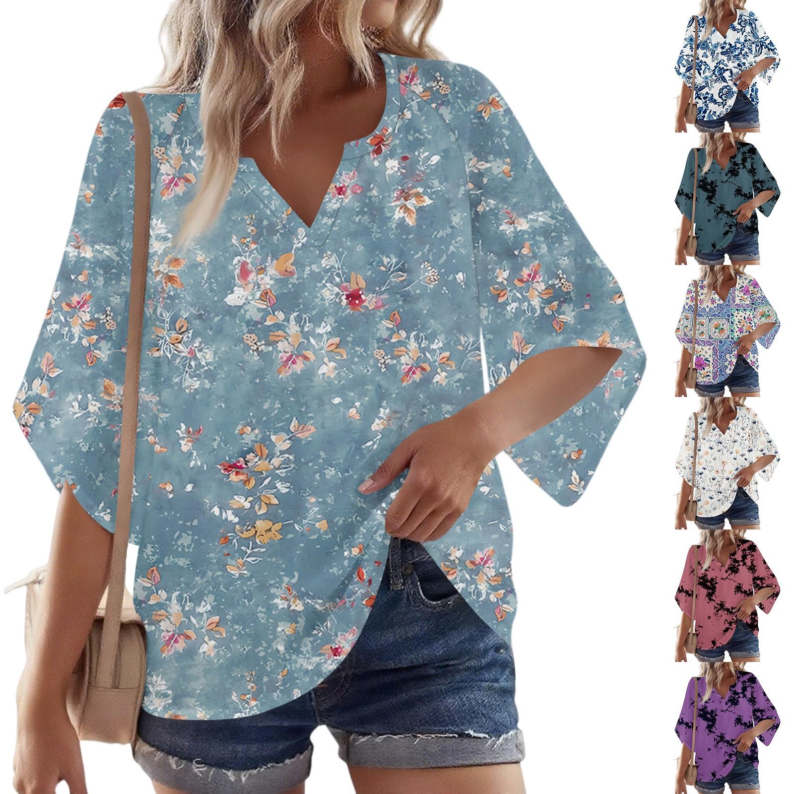 

Women s 3/4 Sleeve V Floral Shirt Casual Loose Tunic Top XXL