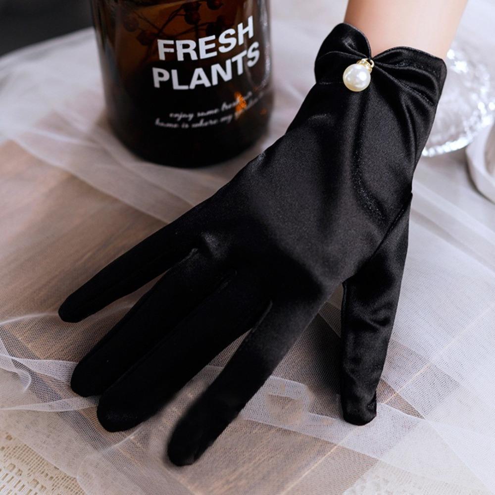 Elegant Five Finger Bridal Gloves Pearl White Black Full Finger Gloves Lolita JK Driving Mittens Women Girls