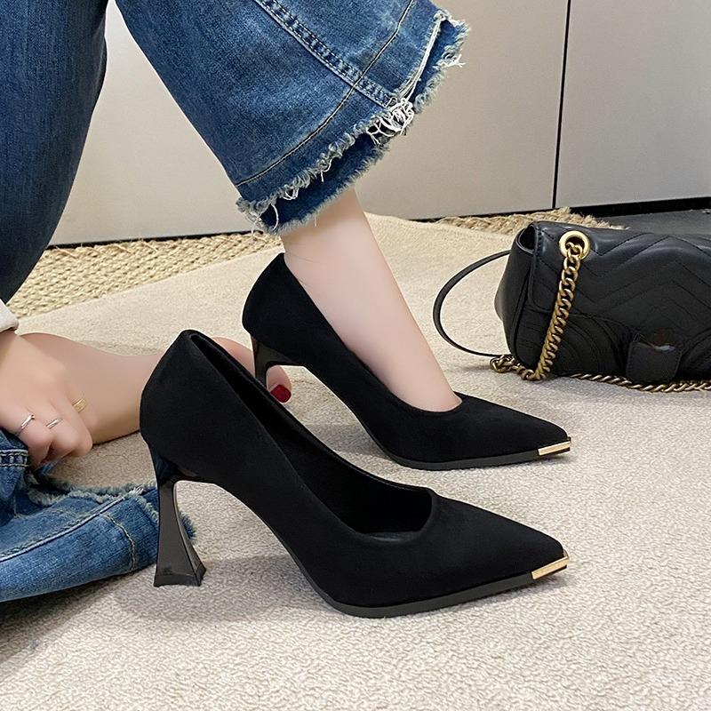 Mode Damen High Heels Einzelne Schuhe Damenmode Metall Spitze Zehenpartie Flacher Ausschnitt Slipper Rutschfest Verschleißfest Niedrig Geschnittene Schuhe
