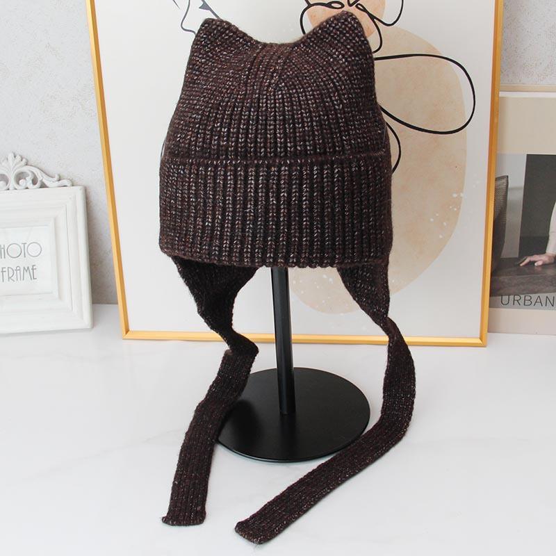 Cute cat ear knitted ear protection hat women's autumn and winter lace-up wool hat soft waxy warm cold hat versatile headhat