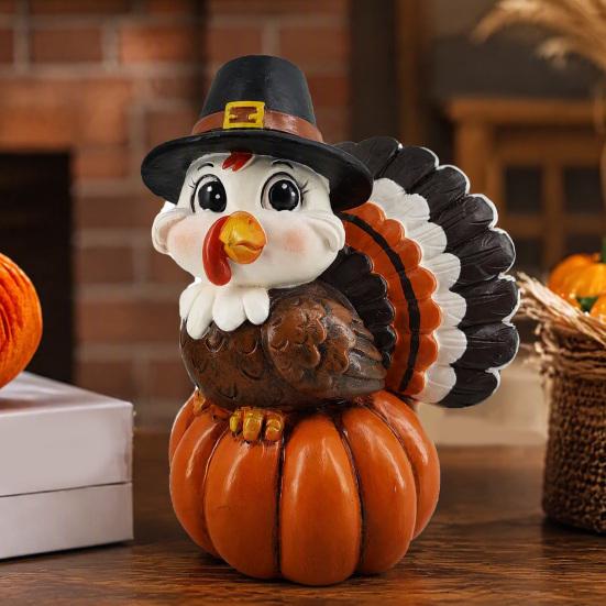 Holiday Gift for Friends And Family Resin Turkey Pumpkin Ornament Thanksgiving, Autumn Harvest Festive Tabletop Cute Statue Figurine with Retro
