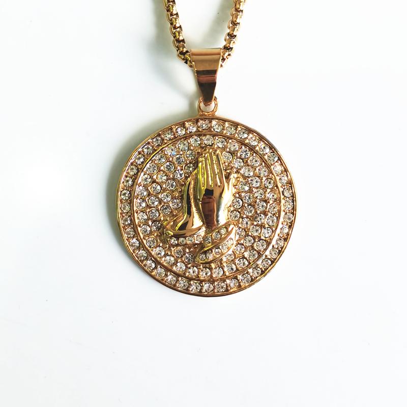 Hip Hop Praying Hands Full Rhinestone Pendant Necklace Charm for Men Women Gifts Gold Color Stainless Steel Jewelry Dropshipping