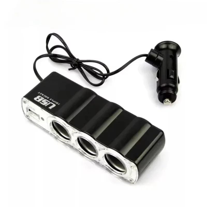 Car Lighter Adapter Charger Adapter Triple Splitter Lighter Output 12V ABS Black Cigar Car Adapter Lighter Multi Socket USB Port