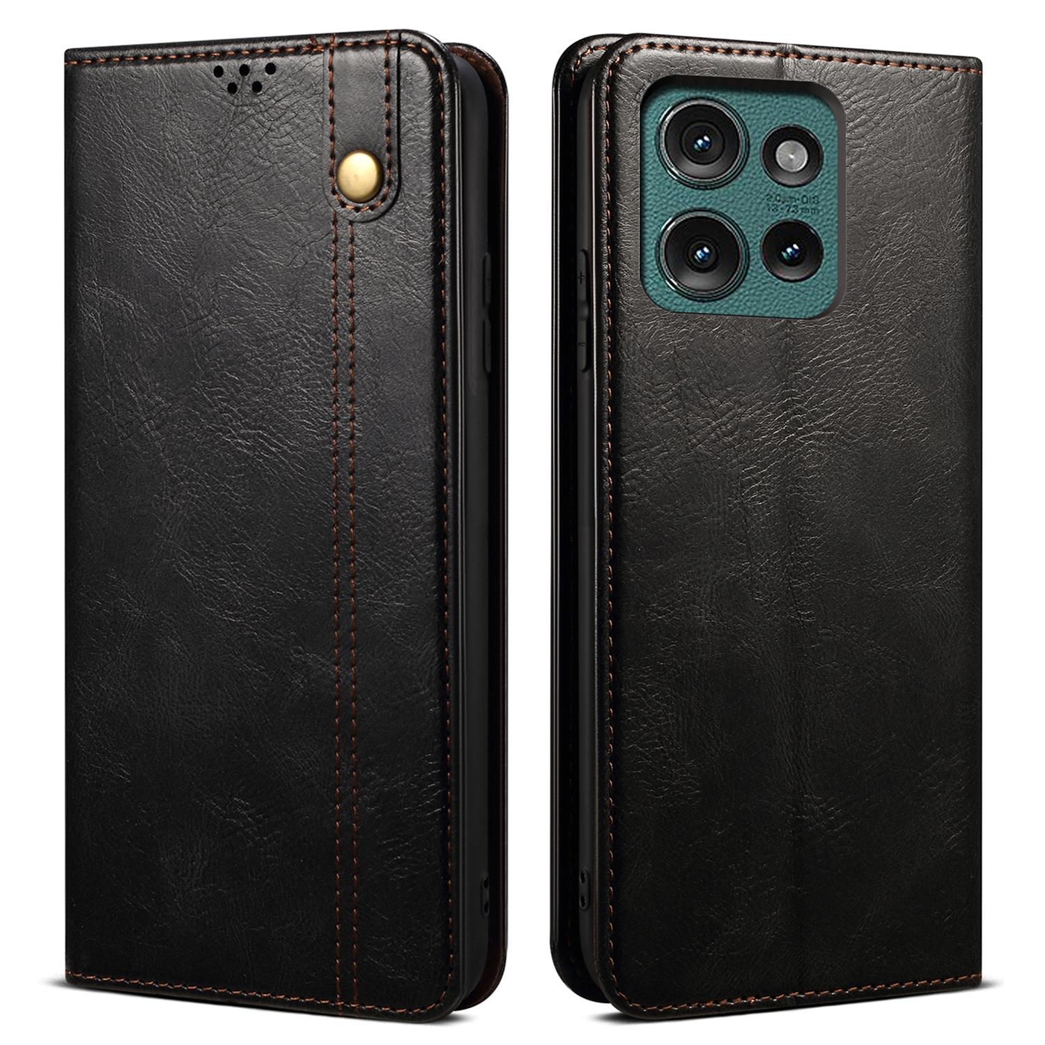 

For Motorola Edge 50 5G Case Crazy Horse Texture Waxy Leather Wallet Stand Cover Black