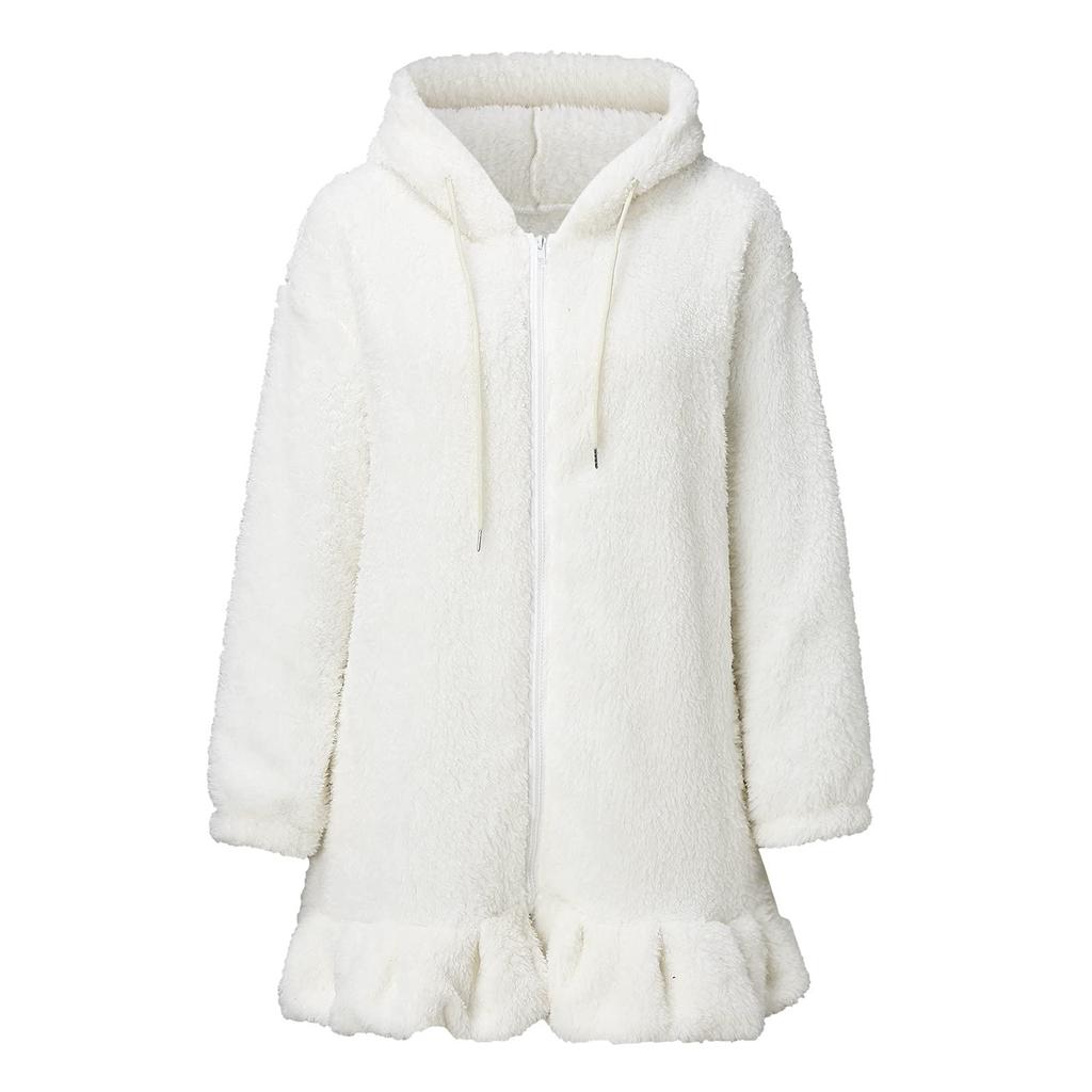 Women's Winter Fashion Casual Hooded Long-sleeve Ruffled Lamb Wool Coat