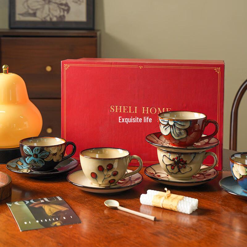 Sheli Vintage Kiln-Glazed Ceramic Coffee Cup & Saucer Set Gift Box