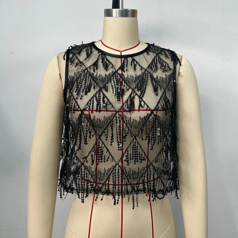Fringe Crop Top Embroidery Sheer Camisole Chic Sequin Vest Tops  Streetwear