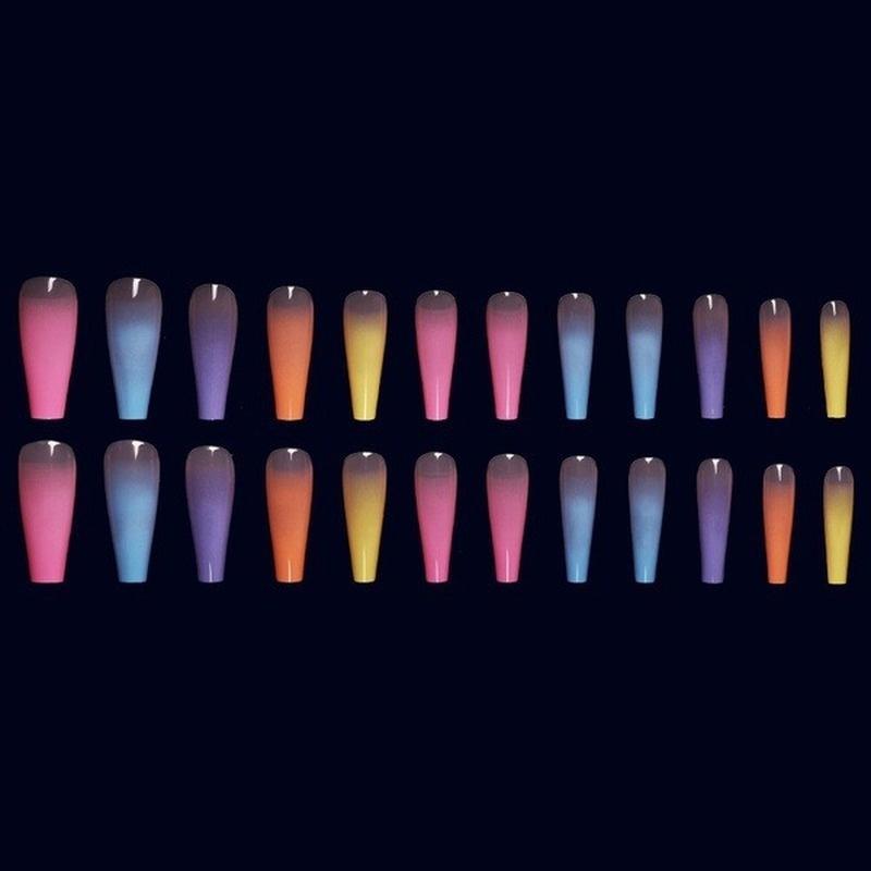 24pcs/bag Long Coffin Fake Nails Rainbow Ballerina Full Cover Nail Art Tips Beauty Artificial False Nails Manicure Charms
