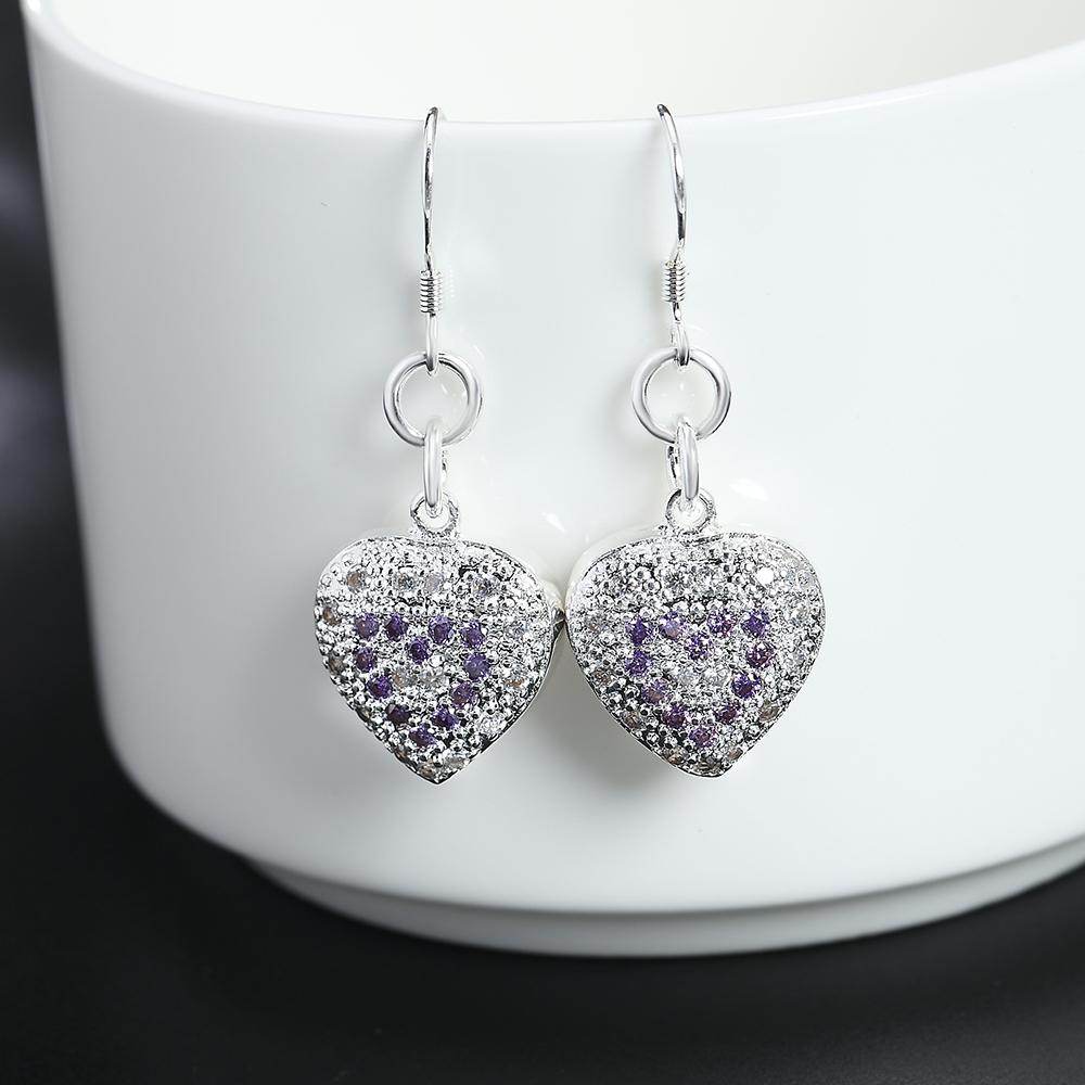 925 Sterling Silver Heart-shaped Purple AAA Zircon Piercing Earrings, Fashionable Wedding Jewelry
