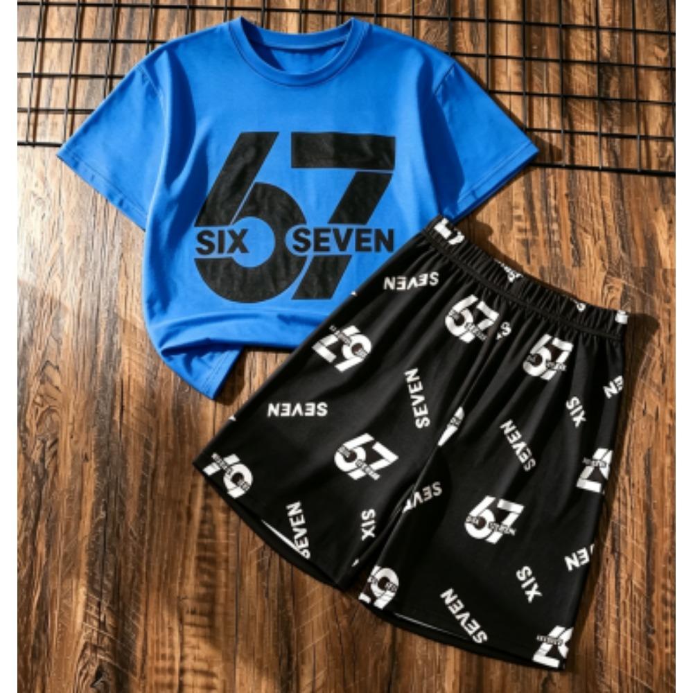 Herrset Six Seven 67 Tryckt Herr T-shirt och Shorts 2-delat Set Sommar Casual Utomhus Herr- och Dam-T-shirtset