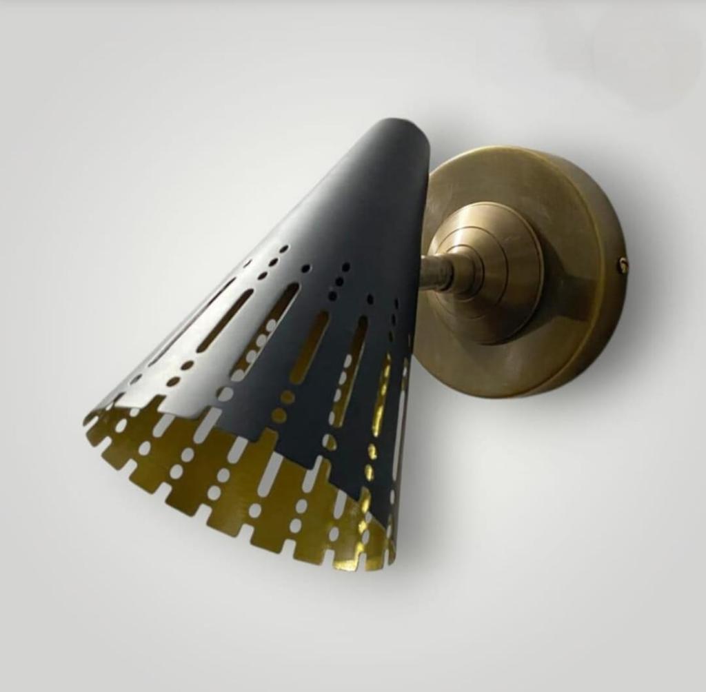 Modern Wall Sconce Light Brass Cone Shade Mid Century Wall Lamp Vintage Style Perforated Light Fixture Bedroom Hallway Bathroom Lighting