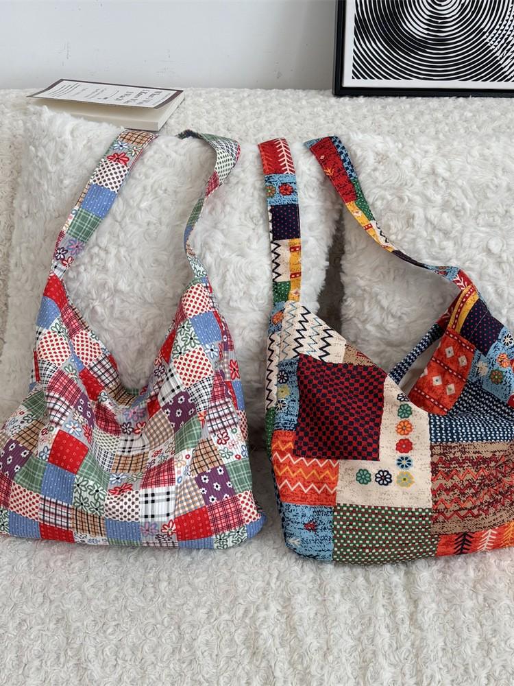 Retro Ethnic Color Block Patchwork Crossbody Bag - Large Capacity Canvas Shoulder Bag for Women