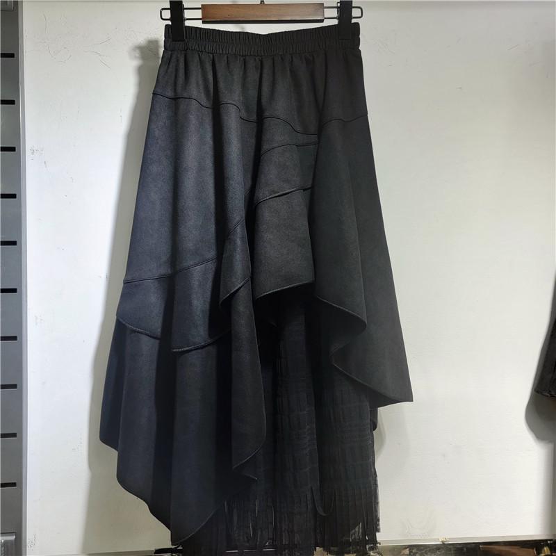 2025 Retro Suede Patchwork Lace Midi Skirt: New High-Waist Layered Design for Autumn/Winter