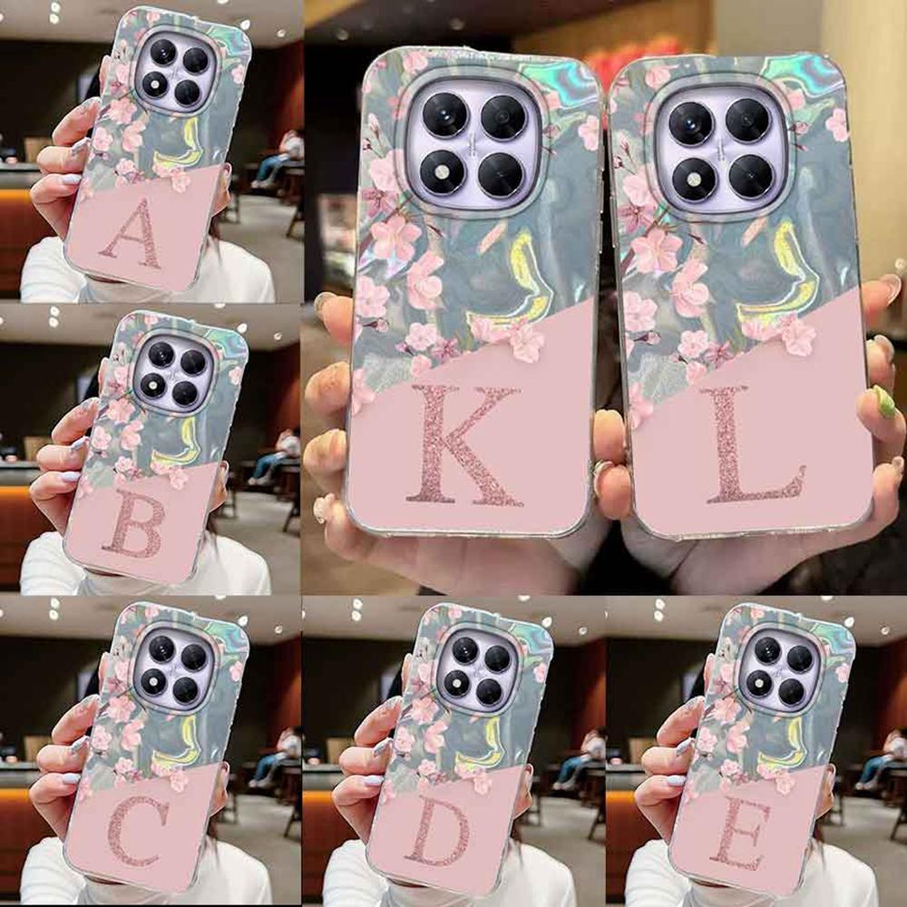 Initial Letter A Z Case For Xiaomi Redmi 13T 14T  Note 13 14 Pro Plus 5G Poco X6 Cover Pink Flowers Silicone Back Fundas Bumper