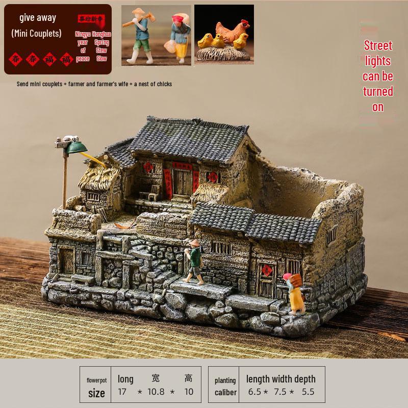 Retro Farmhouse Courtyard Miniature: Nostalgic Desktop Bonsai Decor for Living Room