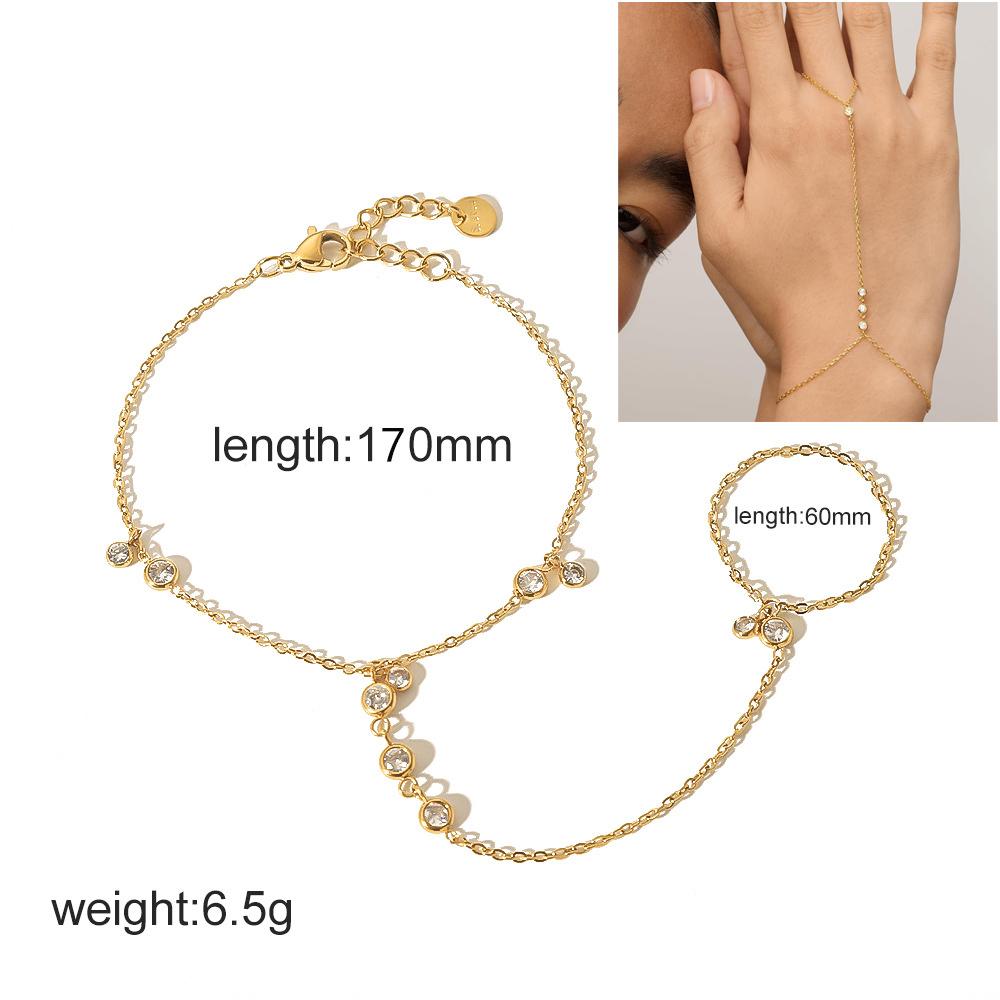 

14K Yellow Gold Plated Stainless Steel Hand Chains Bracelet for Women Dainty Cubic Zirconia Bracelet and Ring Chain Body Jewelry 17cm