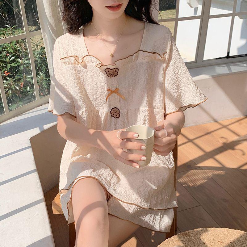 

Хлопковая пижама в стиле принцессы для женщин летом, свободный крой с короткими рукавами, высокая эстетическая ценность, можно носить снаружи как комплект домашней одежды 2XL абрикосовый