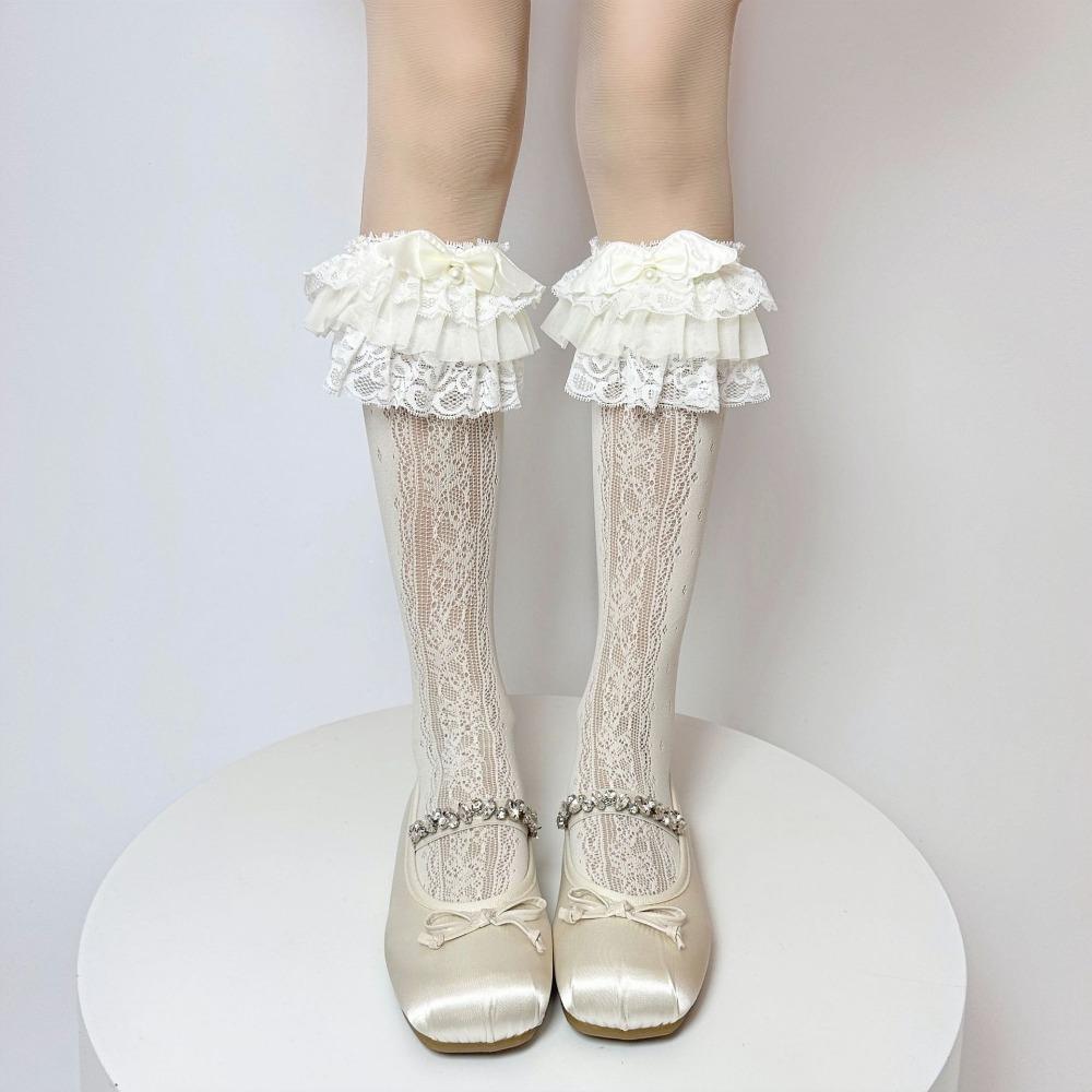 1 Pair Milk White Lace Knee Socks Multi Layer Lace Ladies Socks Sweet Long Cotton Socks Lolita