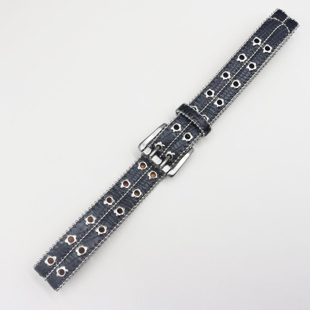 Men's and Women's European & American Punk Style Leather Belt with Flower Rivet and Eyelet Design