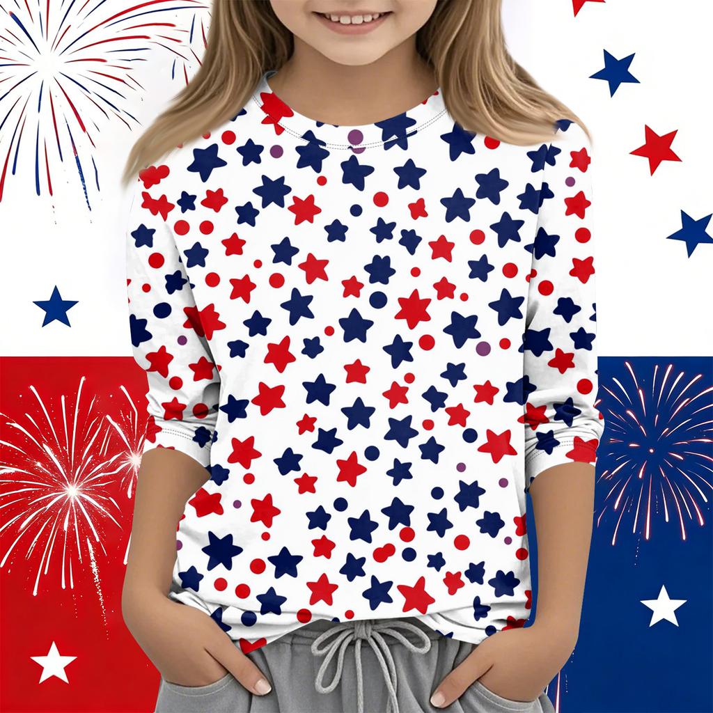 Print Tops For Youth Girls Round Neck 3/4 Sleeves T-Shirts Trendy Tops Outfit Tees Independence Day