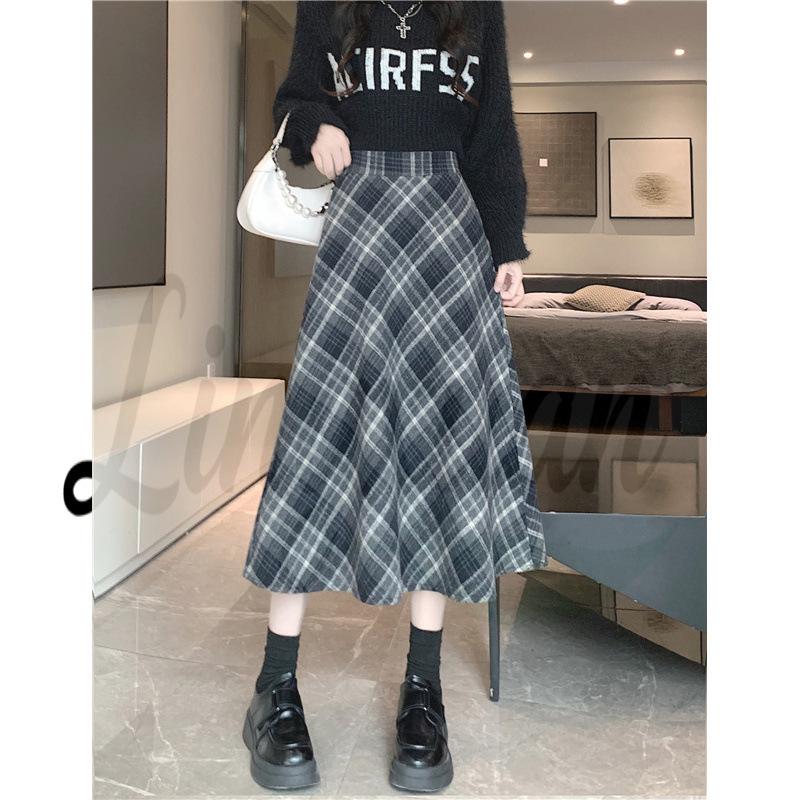 Women s Plus Size Korean Wool Plaid High-Waist Midi Skirt for Winter 4XL Plus