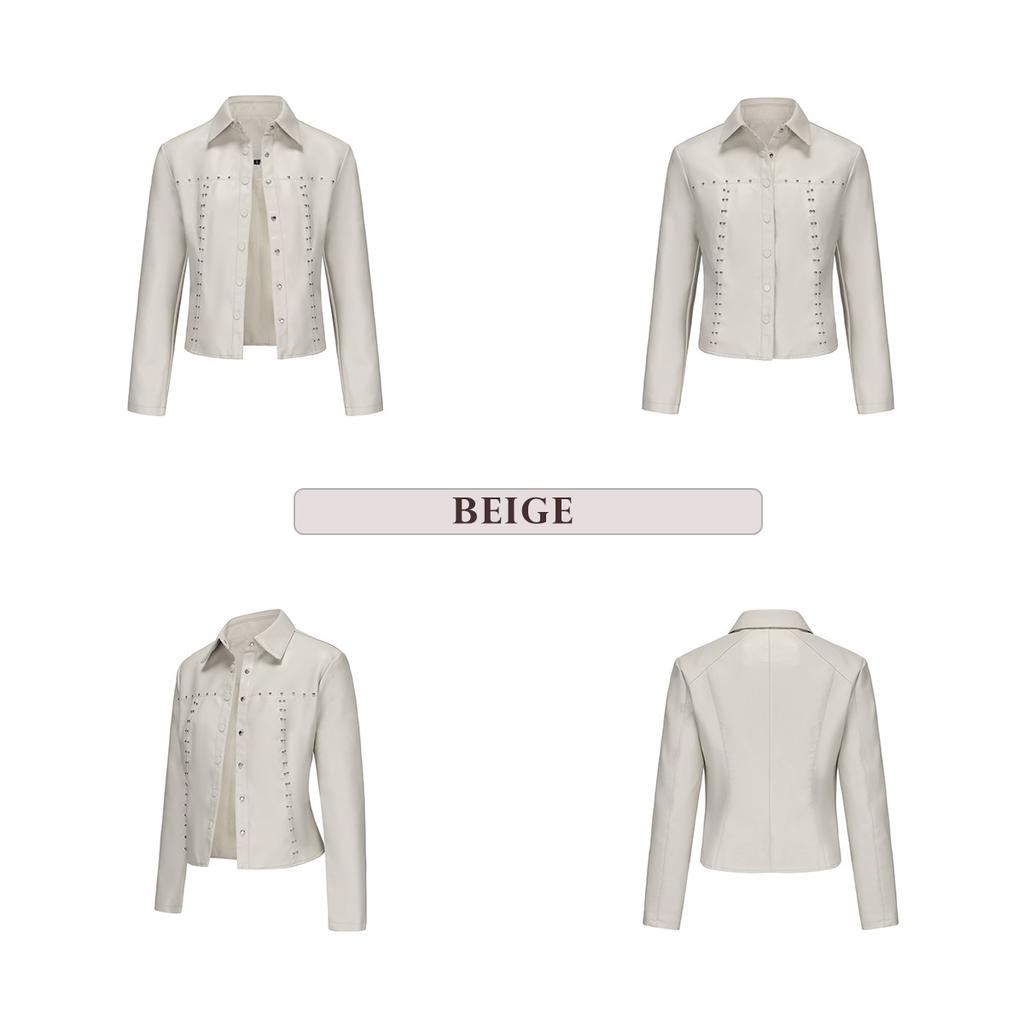 BITCED Women's Spring/Autumn Studded Leather Jacket Cardigan Button-Up Leather Clothing Fashionable Lightweight Outerwear