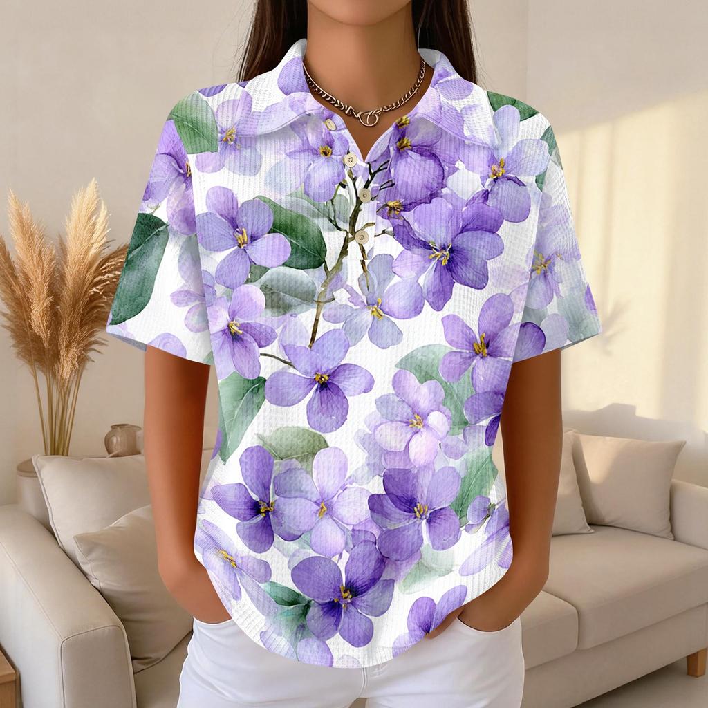 Women’s Casual Knit Short Sleeve Collared Shirt with Floral Print Relaxed Fit Lightweight Top for Everyday Wear