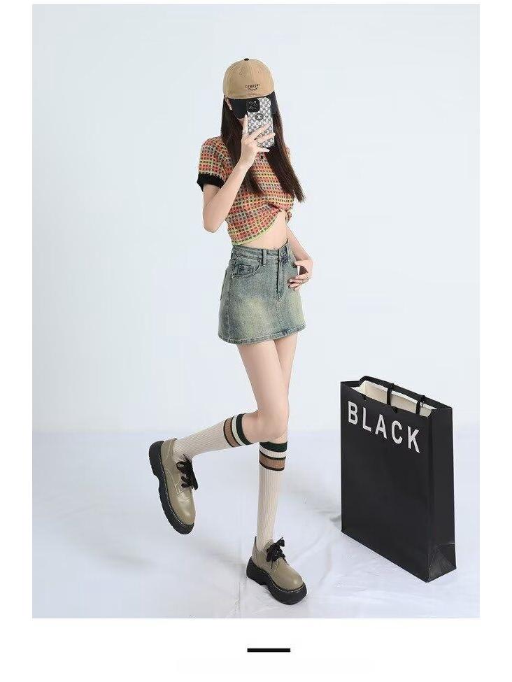 2025 Summer High-Waisted Distressed Denim Skort with Anti-Exposure Feature
