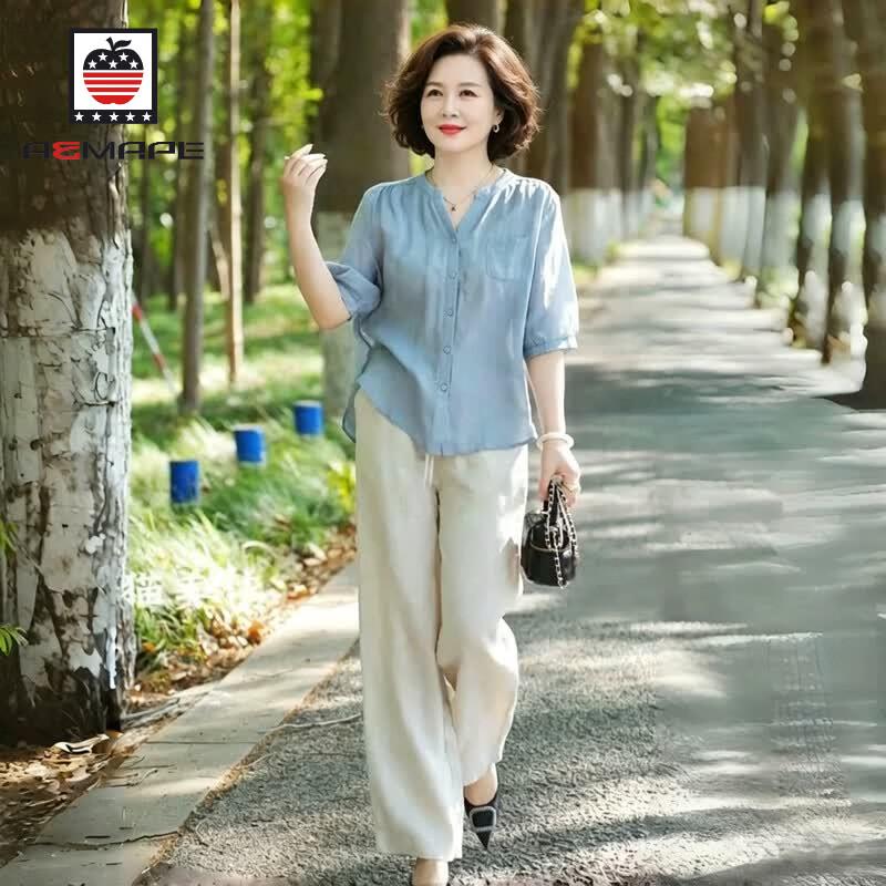 AEMAPE Mid-Aged Women s Cotton Linen Summer Set 3XL