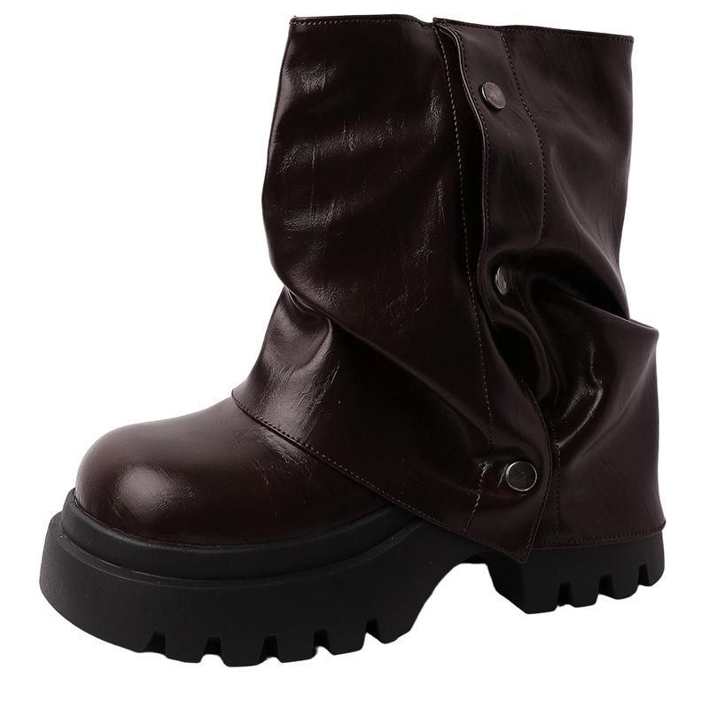 Sense of design British leather boots Rivet stacking boots Women's autumn and winter fashion thick-soled thin thick-heeled high-heeled Martin boots