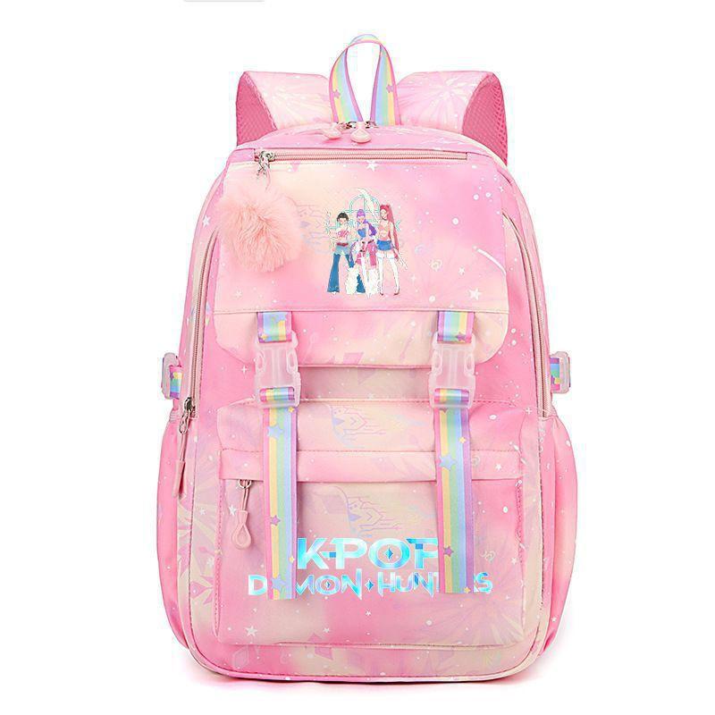 Korean Style School Backpack Teenagers Large Capacity Nylon Bookbag With Padded Straps Cartoon Print Unisex Student Bag