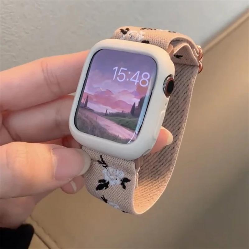 Retro Flower Strap+Case For Apple Watch Band 49mm 40 44 45 41 38 42mm Elastic Nylon Band For iWatch Serie 3 4 5 6 SE 7 8 9 Ultra