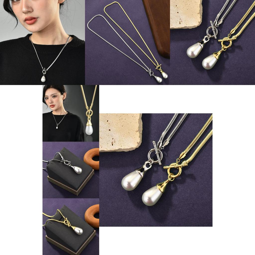 Geometric Long Elegant Necklace For Women Featuring Unique Water Drop Pearls And Stylish Elements Metal