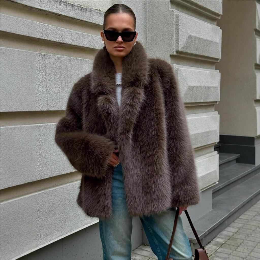 Women's Lapel Collar Long Sleeve Faux Fox Fur Coat Loose Fit Casual Autumn Winter Medium Jacket